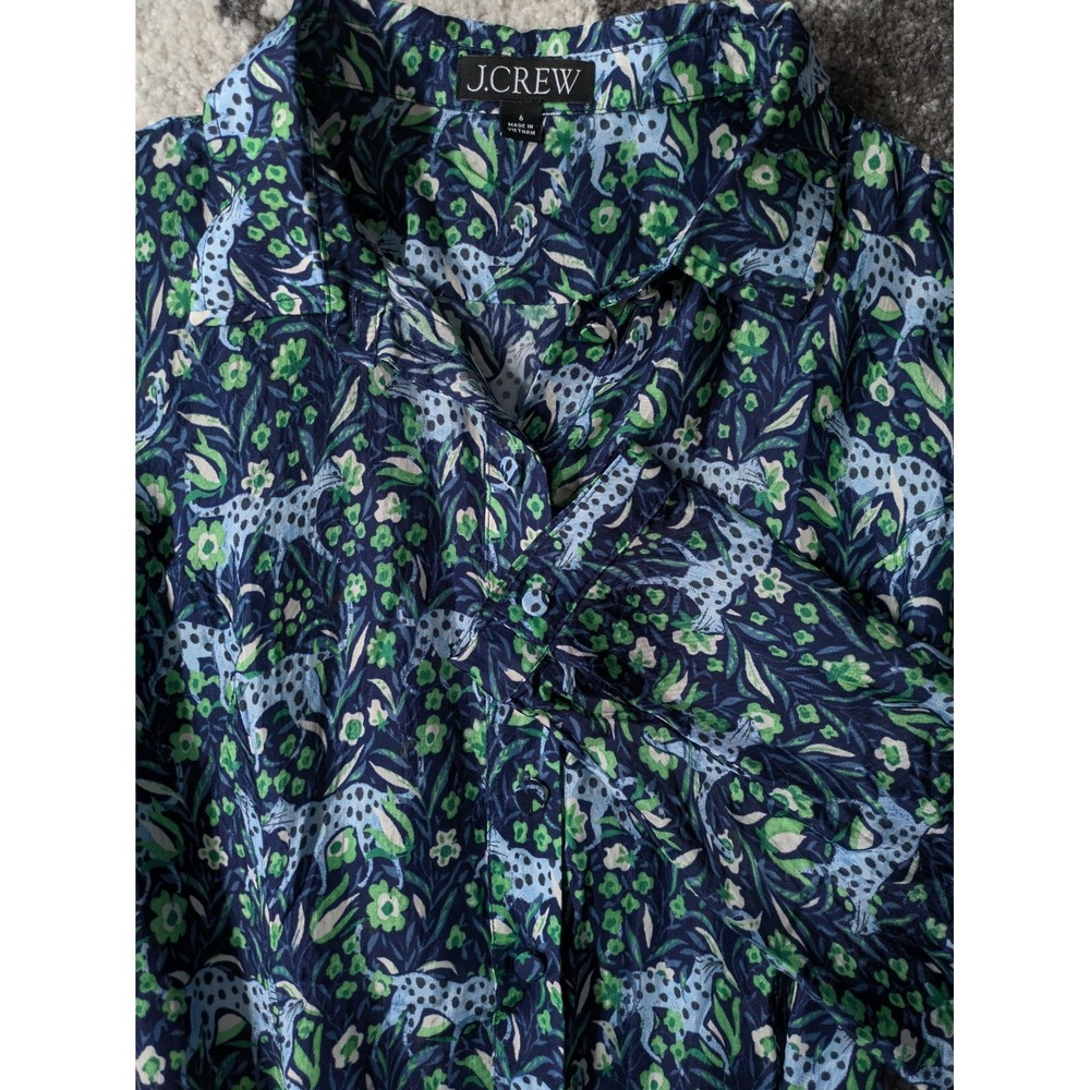 J. Crew Leopard Fauna Floral Button Front Long Sleeve‎ Midi Dress Sz 6 Pockets - Picture 5 of 10